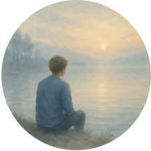 A person sitting alone by a still lake at sunrise, reflecting the quiet isolation that can come with suicidal thoughts or self-harm — and the possibility of hope through online hypnotherapy with Piers Day