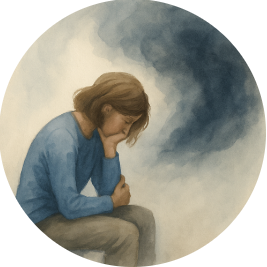 A person sitting with their head in their hand, surrounded by dark swirling clouds — capturing the emotional weight of anxiety and depression, and the need for safe, supportive therapy with Piers Day