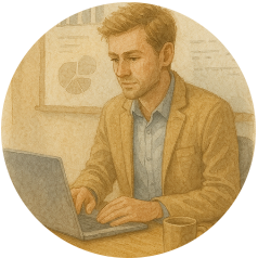 A man in a blazer working at a laptop in front of business charts — representing burnout, pressure, and performance anxiety, supported through hypnotherapy with Piers Day