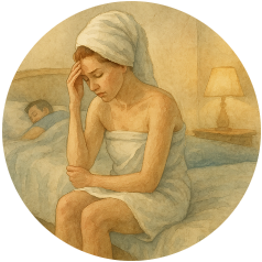 A woman sitting on a bed wrapped in a towel, looking down in quiet frustration — representing intimacy struggles and emotional disconnection, supported through compassionate sexual health coaching with Piers Day