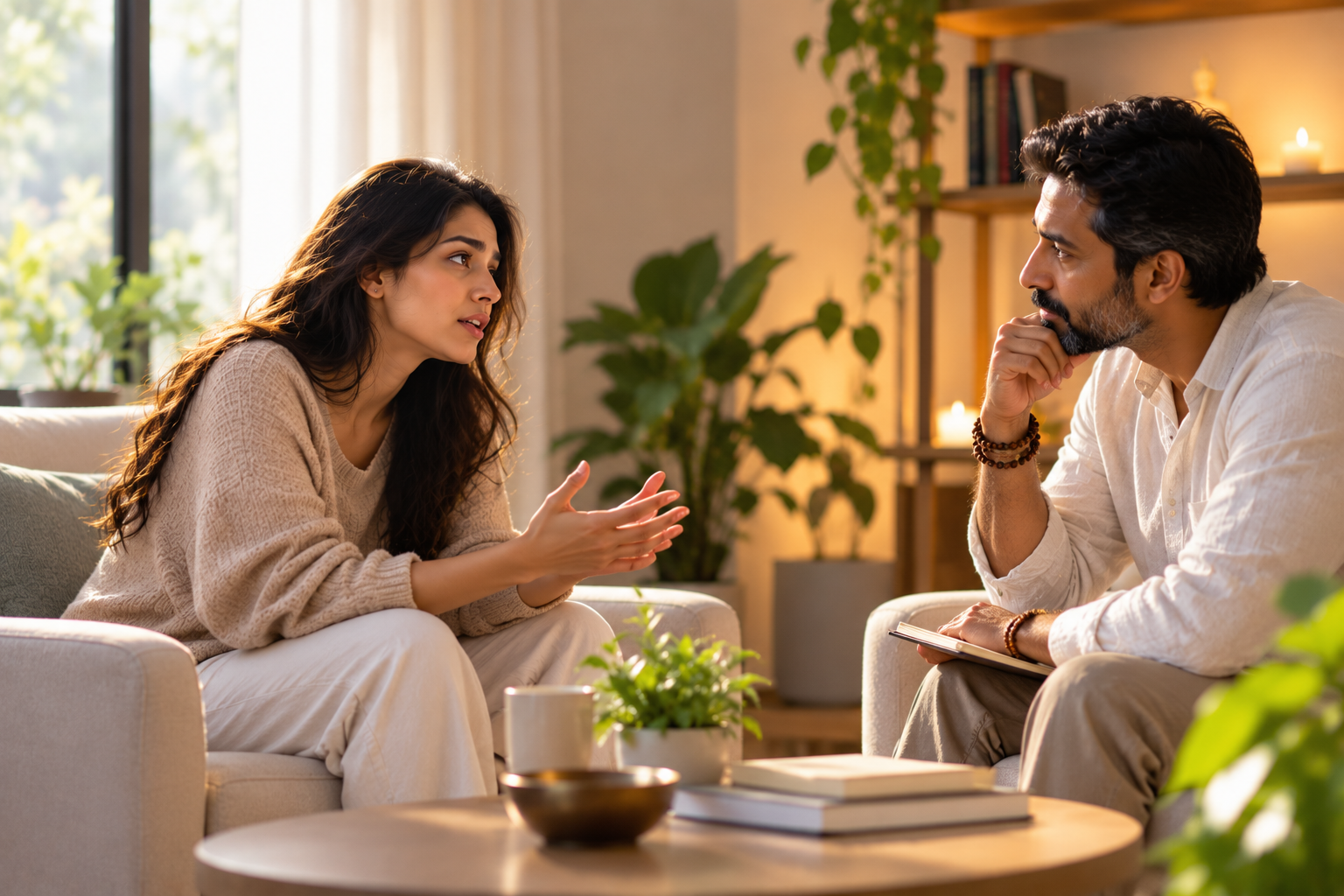 Two people in quiet conversation
