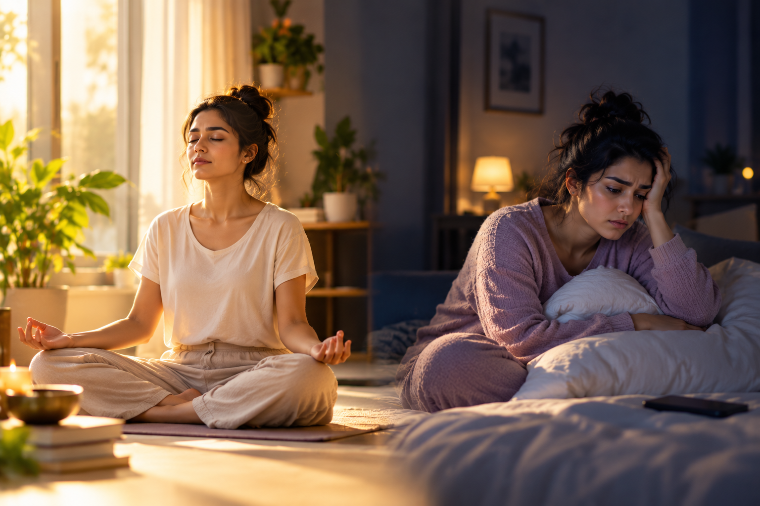 Person meditating alone at dawn