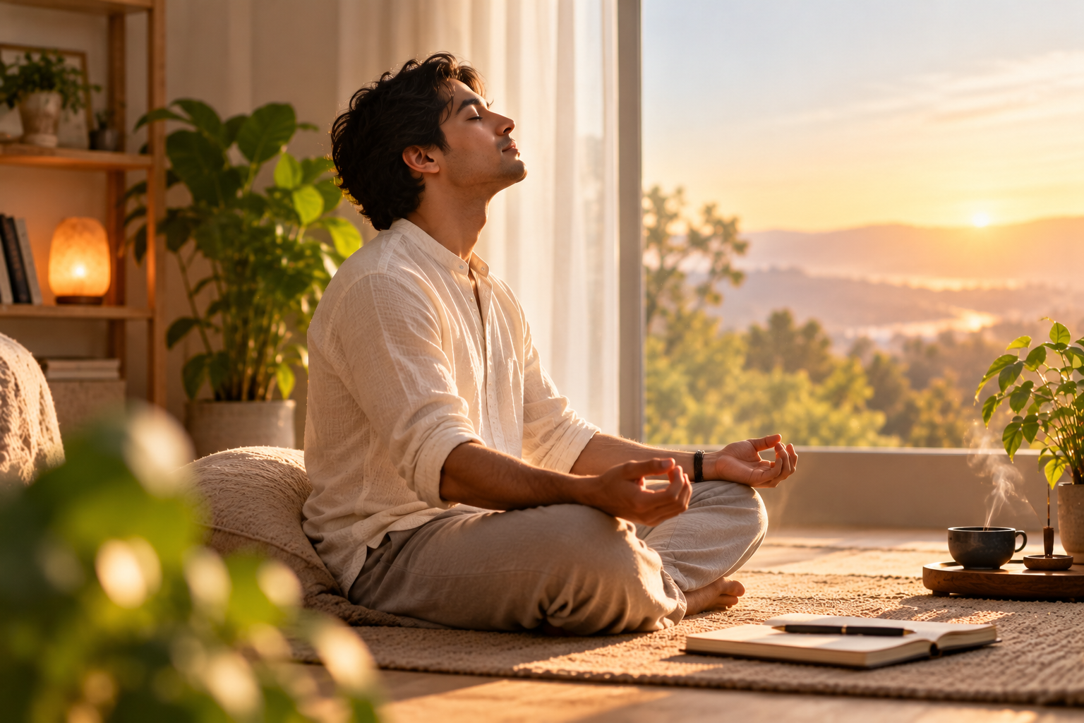 Meditation cushion and soft morning light