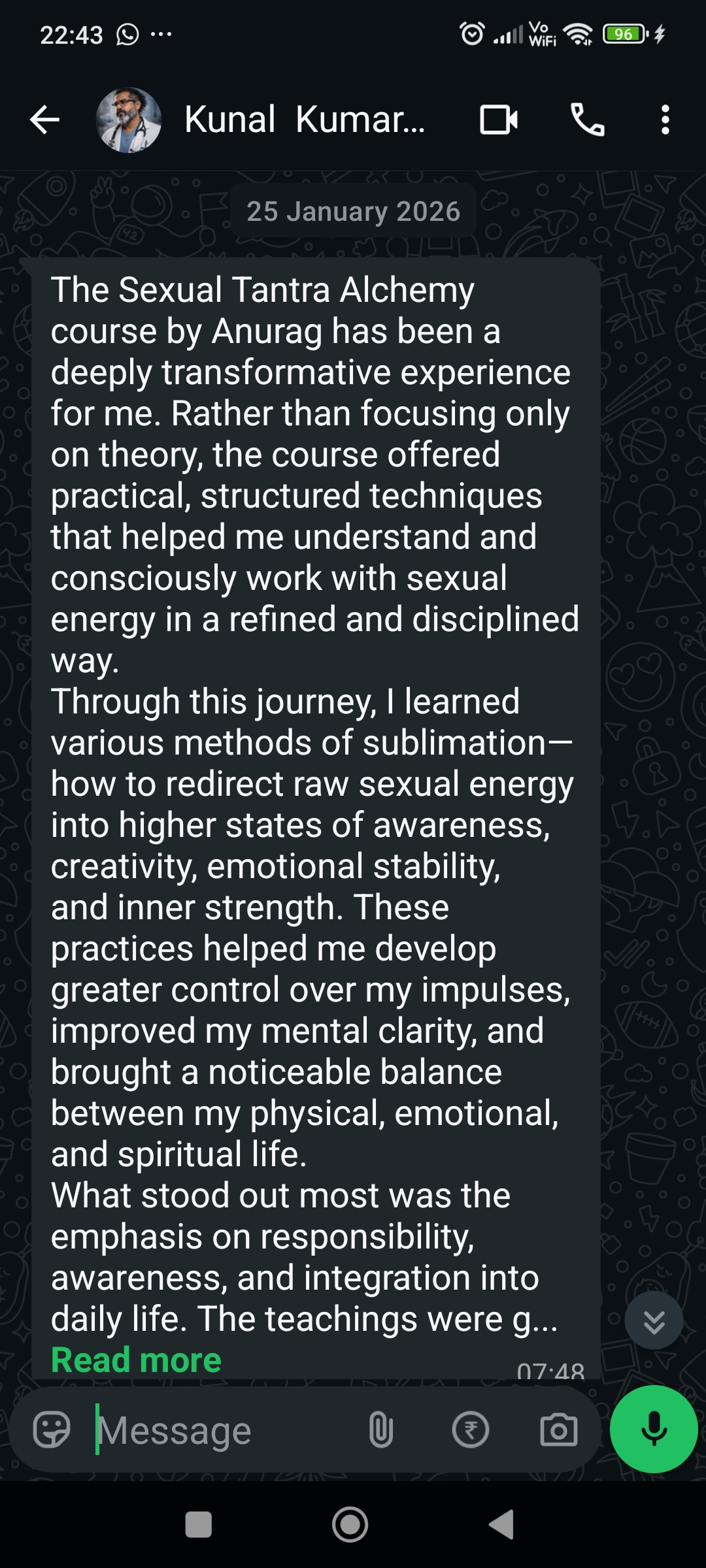 WhatsApp message from a client about the course