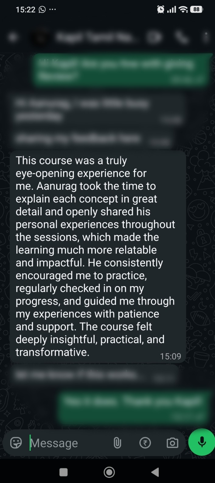 WhatsApp message from a client about the course