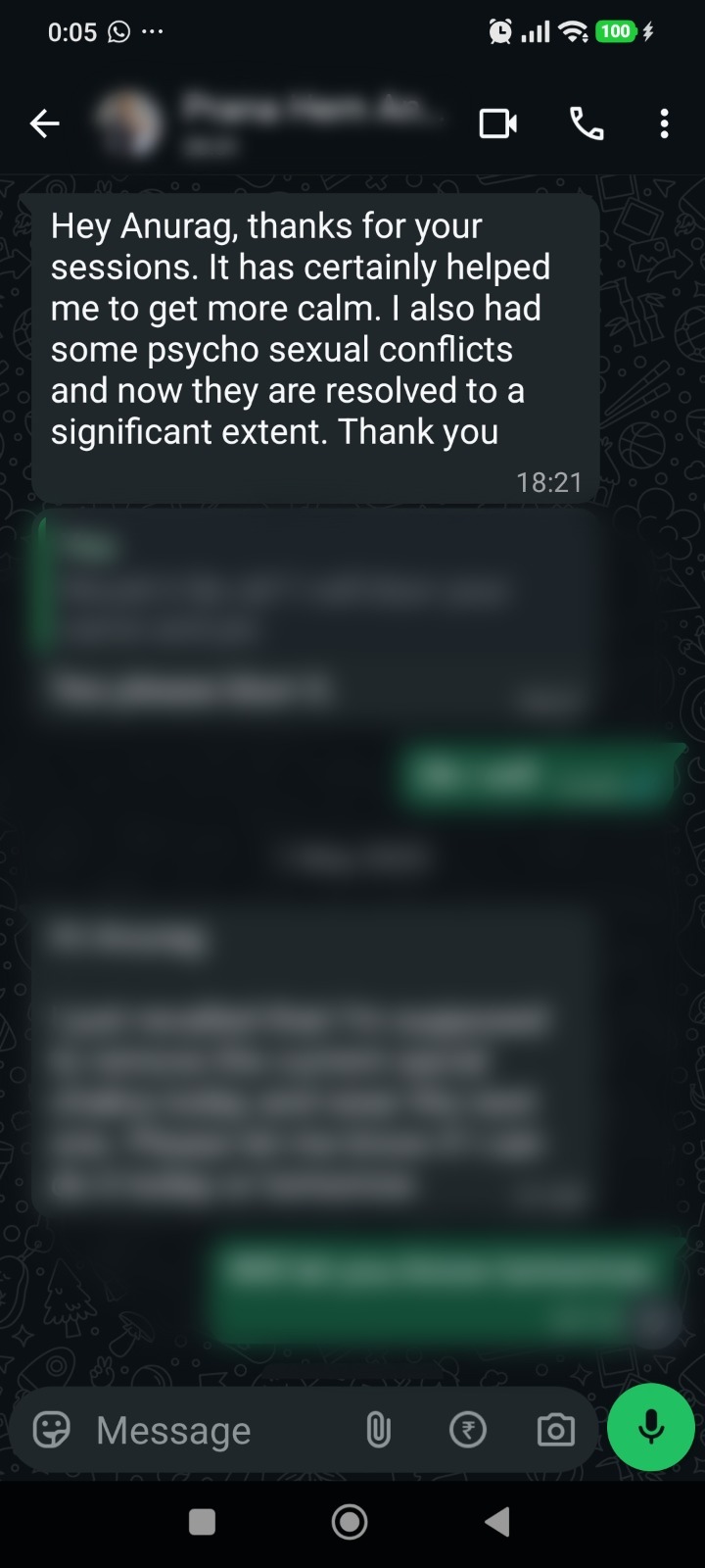 WhatsApp message from a client after the sessions