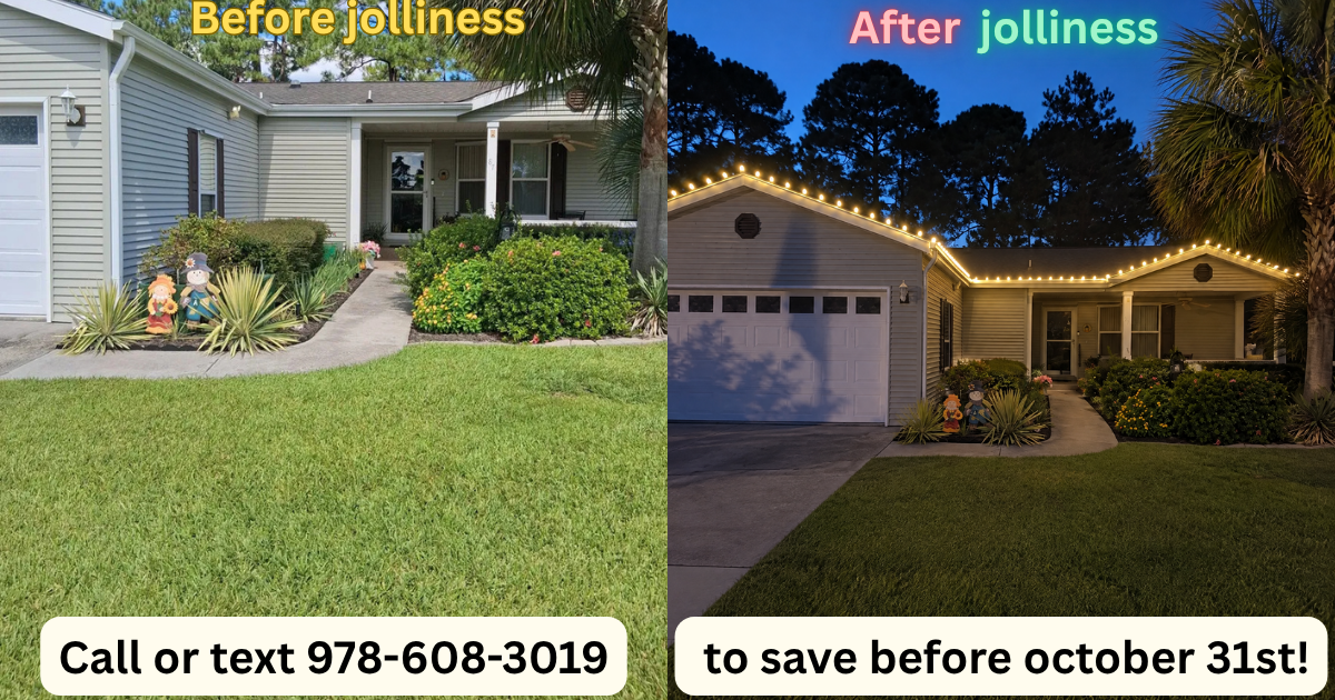 Before and after of a home without and with christmas lights 