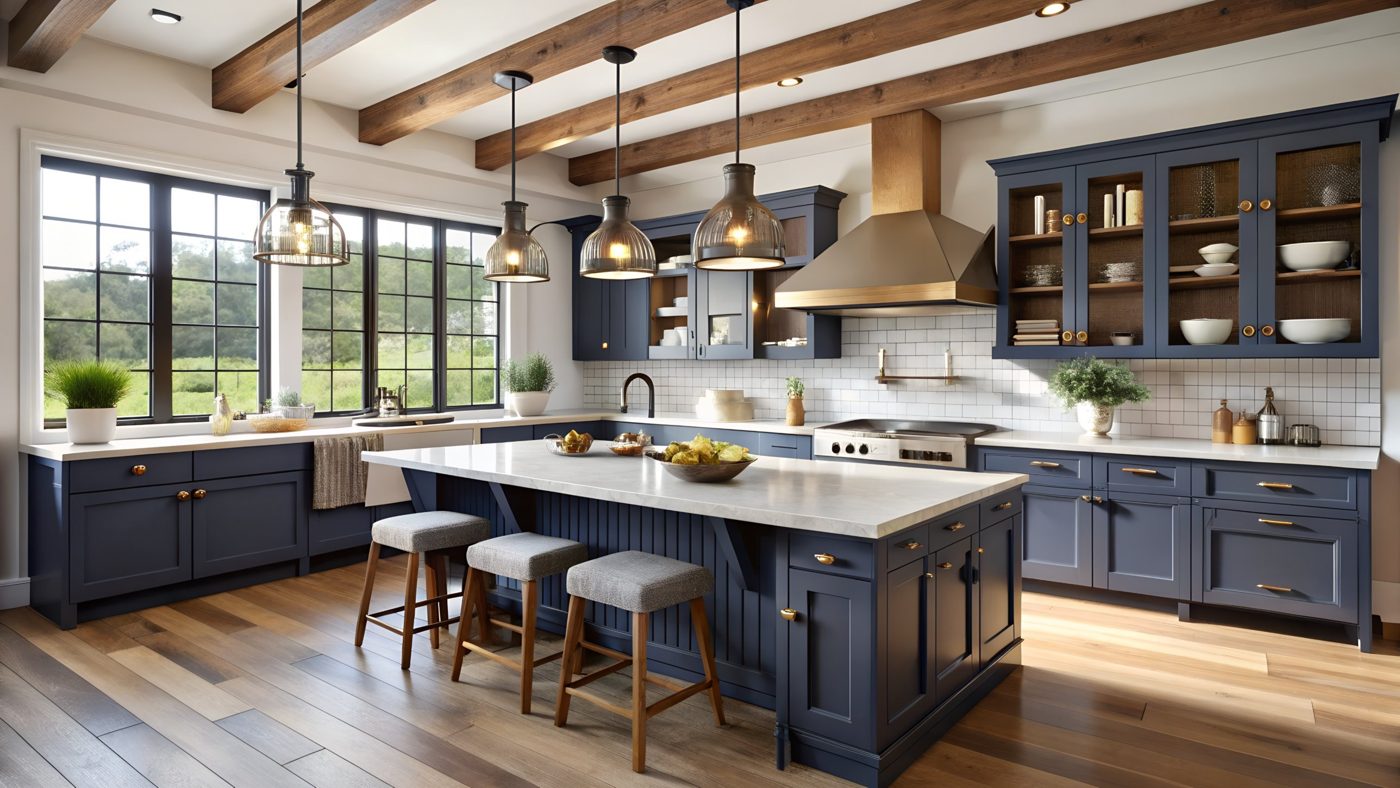 Bright kitchen with navy cabinets and a marble island