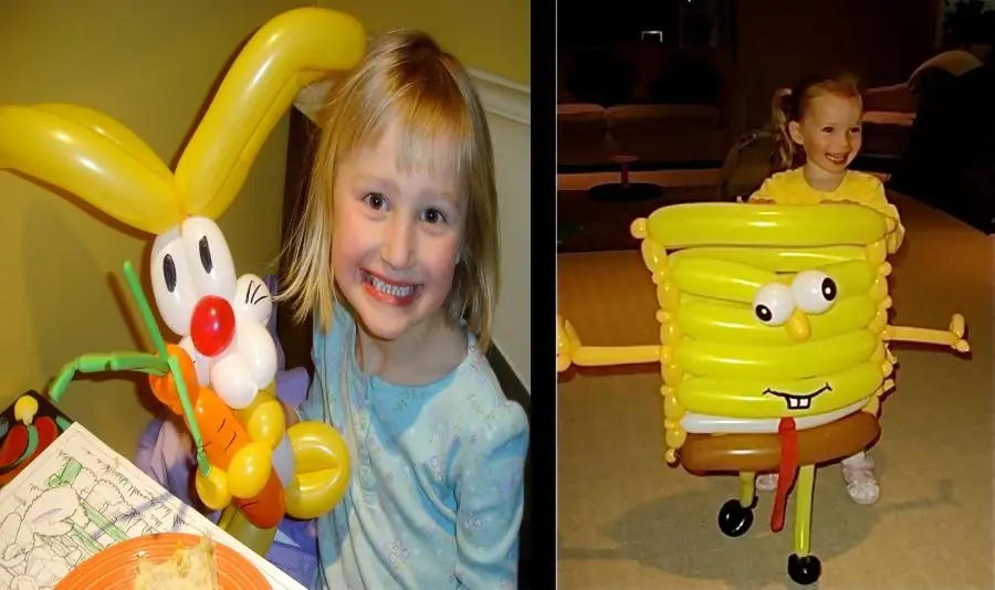 Smiling girl with a balloon bunny next to a balloon SpongeBob sculpture