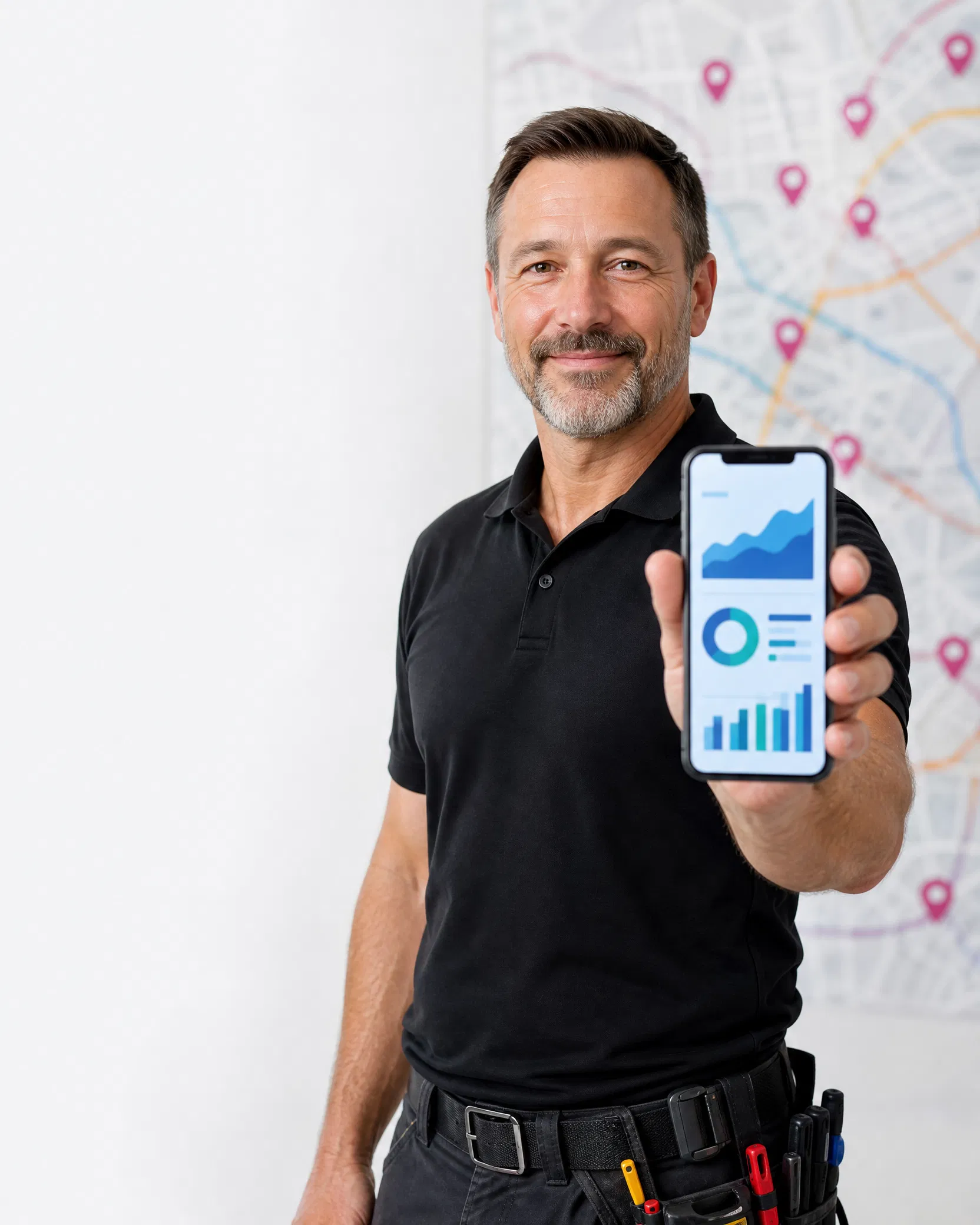 A service-business owner holding a phone in front of a local map