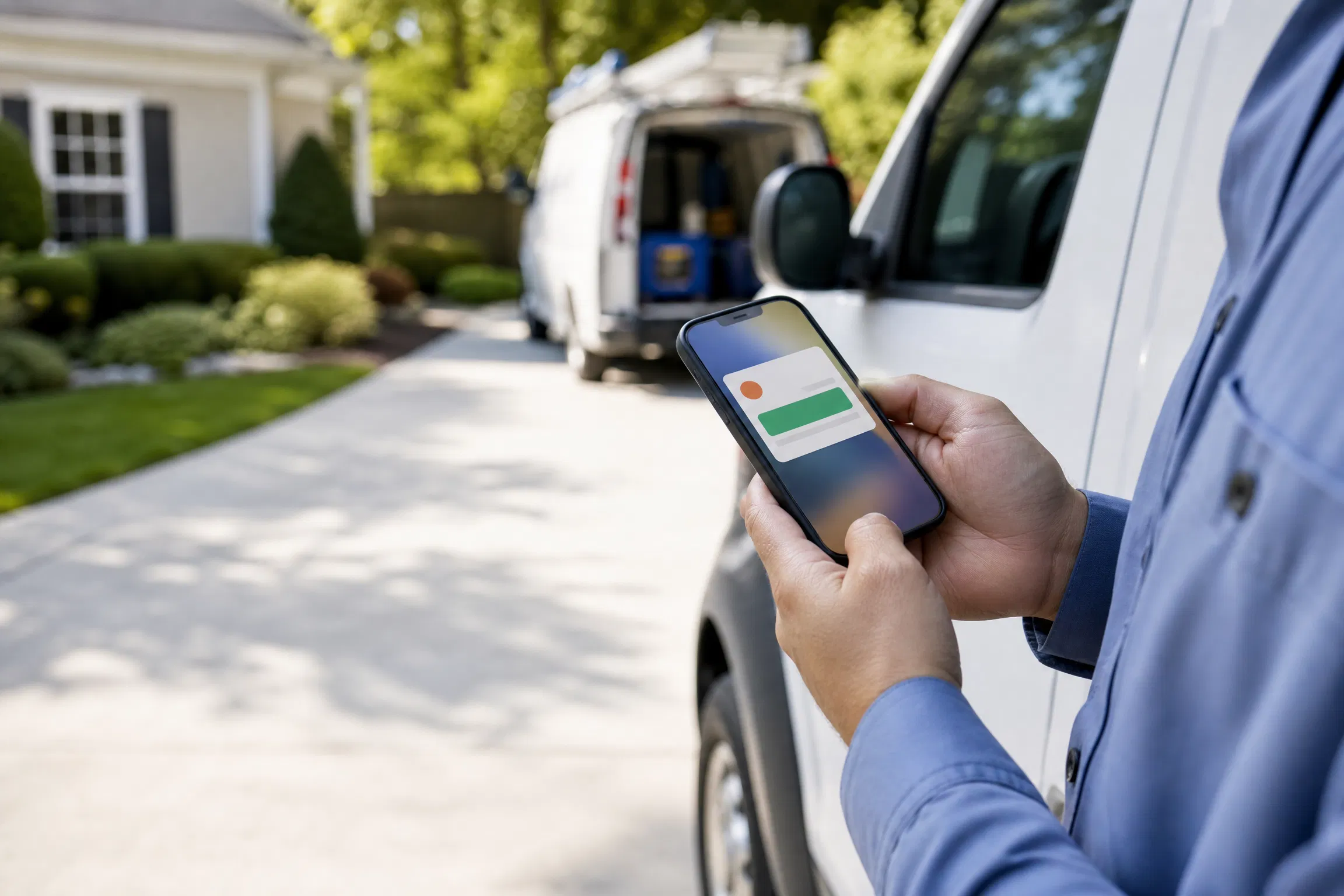 A contractor receiving a mobile lead notification beside a service vehicle