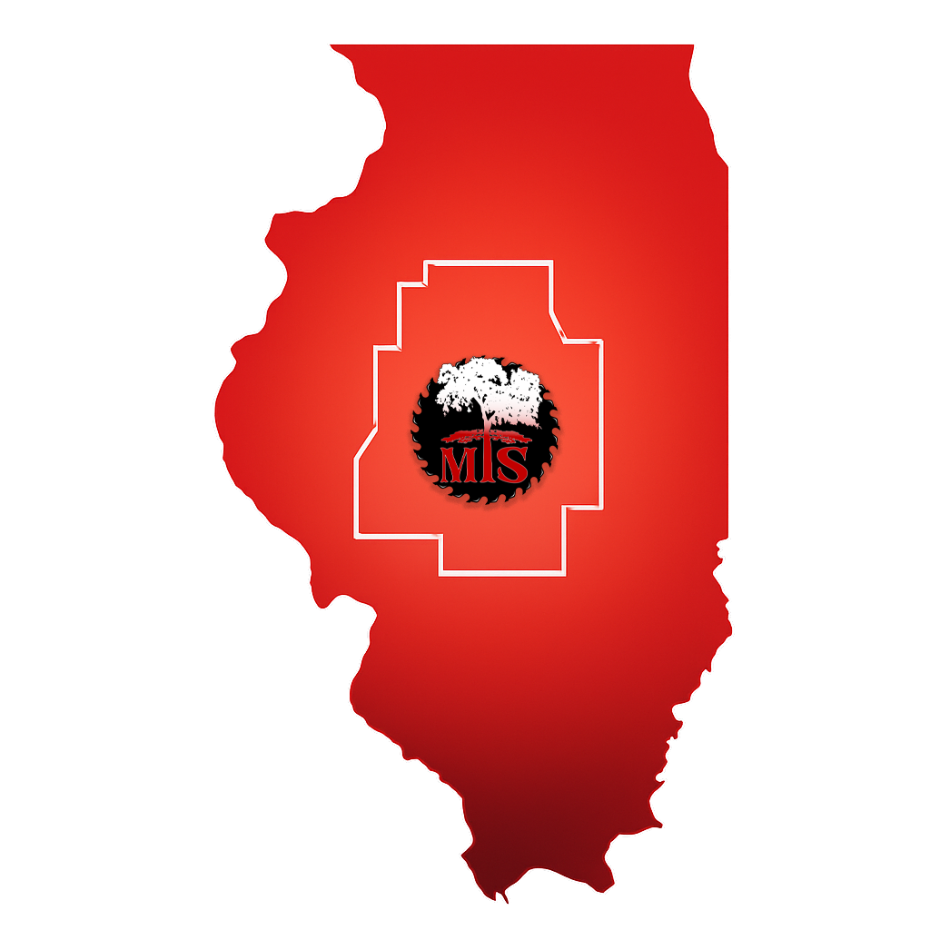 Map showing tree service coverage area for Central Illinois towns served by McHatton’s Tree Service including Springfield, Athens, Lincoln, and more.