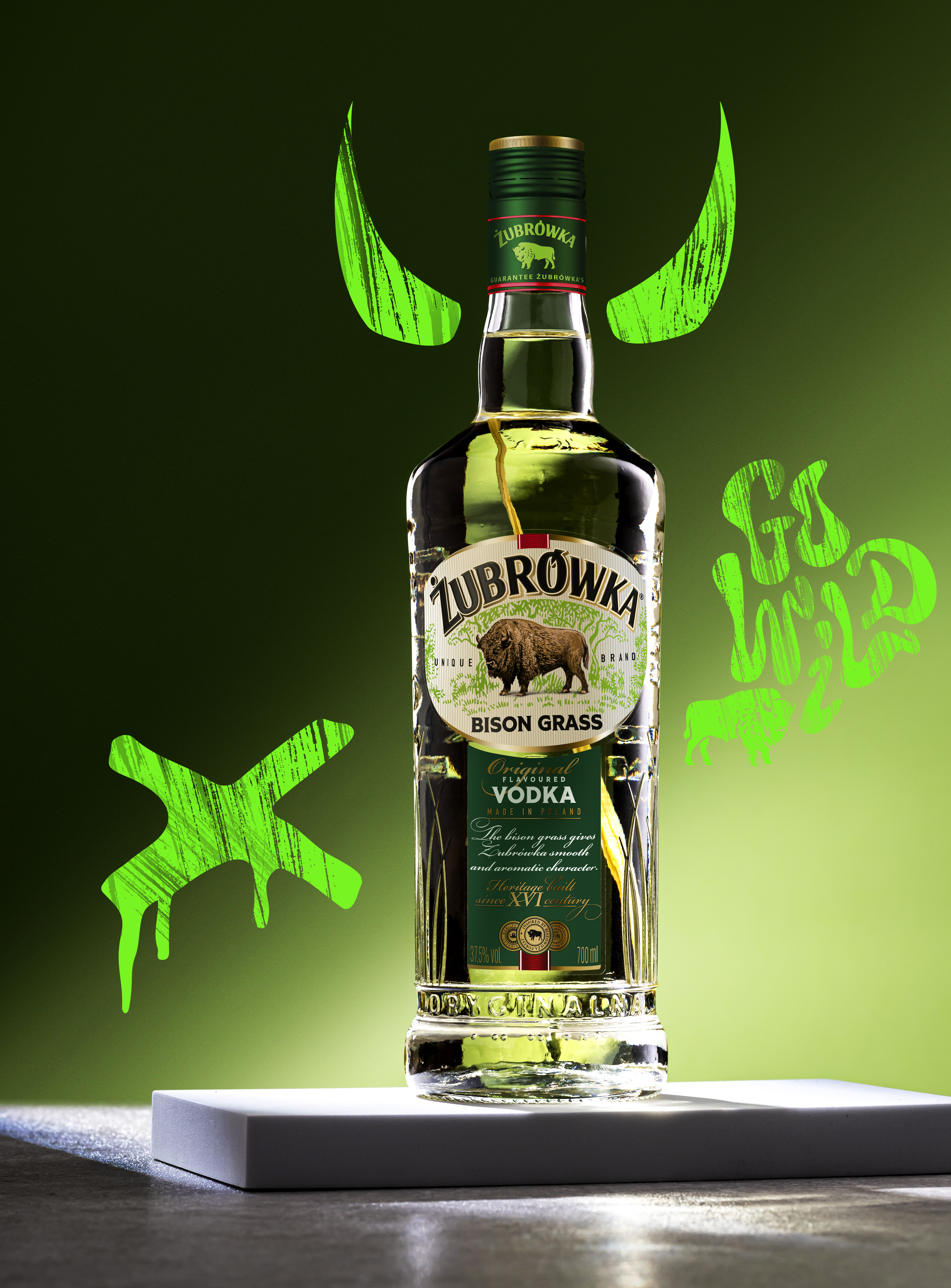 Żubrówka Bison Grass bottle with Go Wild artwork