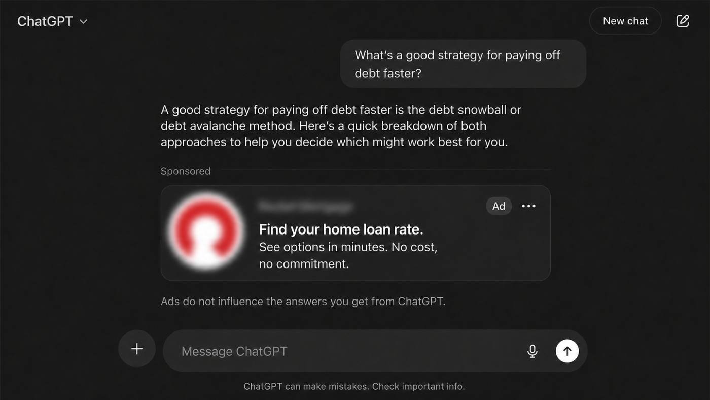 A ChatGPT conversation showing a sponsored mortgage ad