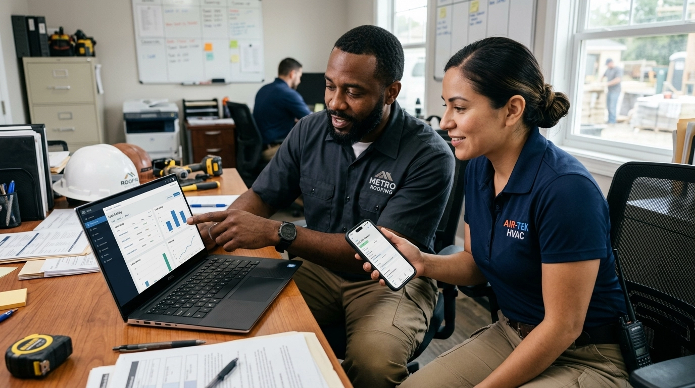 coworkers on a laptop, marketing automations