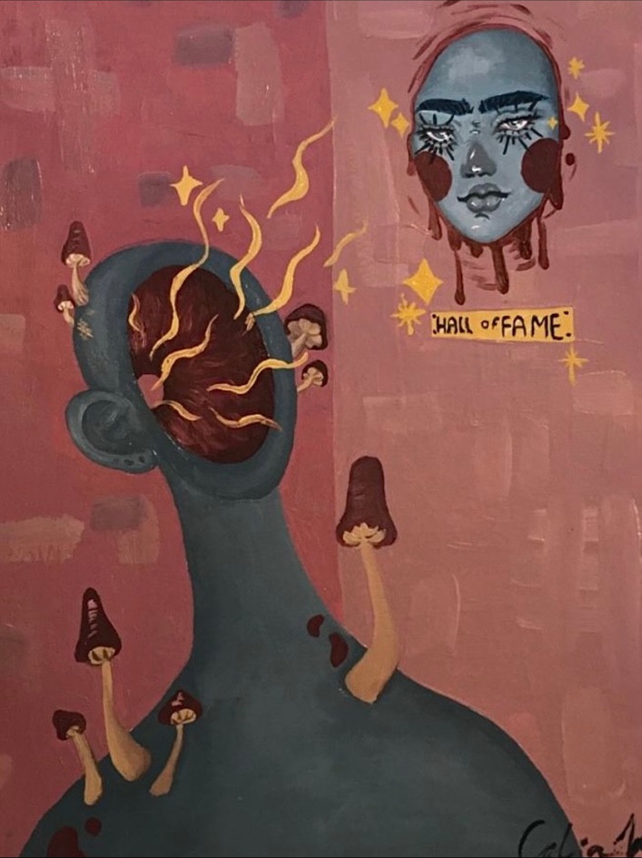 Surreal figure, mushrooms and a floating face