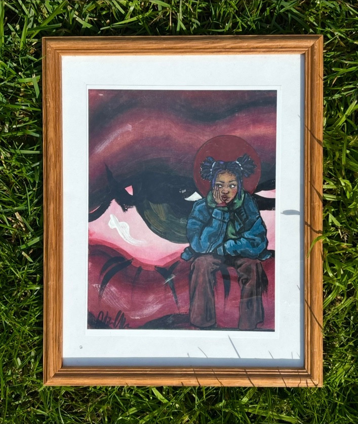 Framed seated figure in front of a large eye
