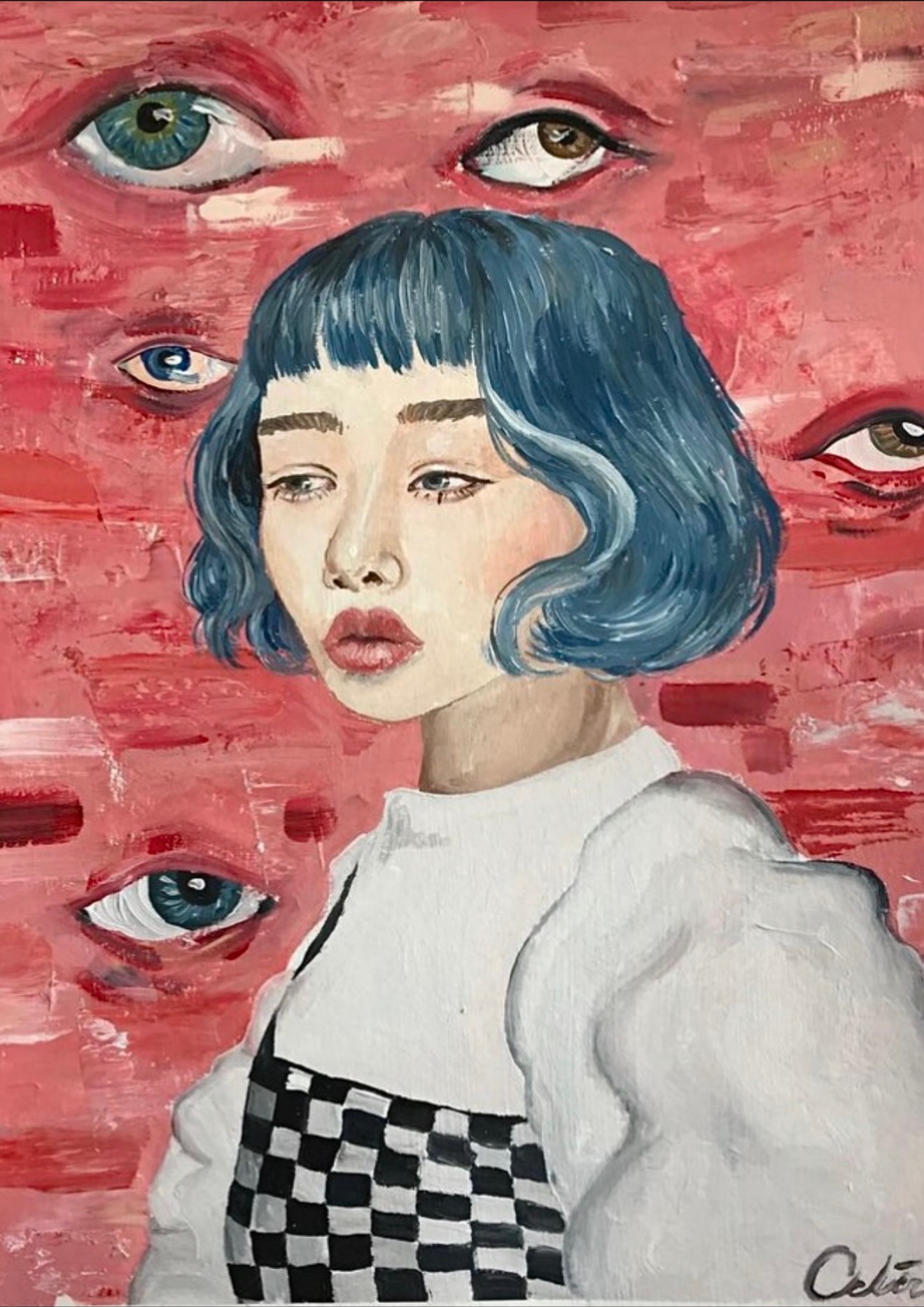 Blue-haired figure with checkerboard clothing and eyes on pink