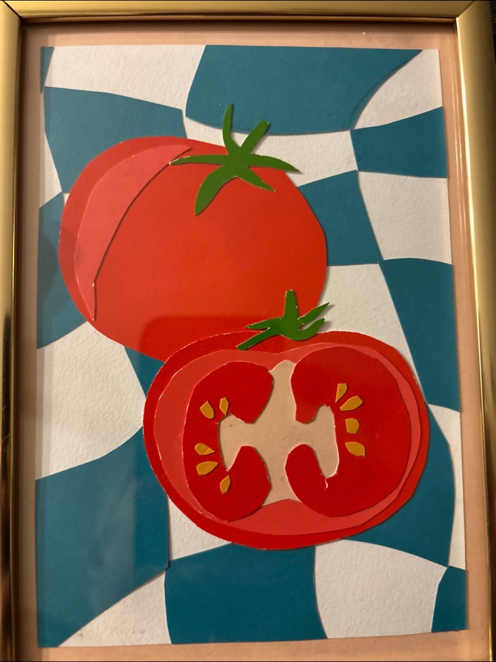 Framed tomatoes over a blue-and-white checkerboard
