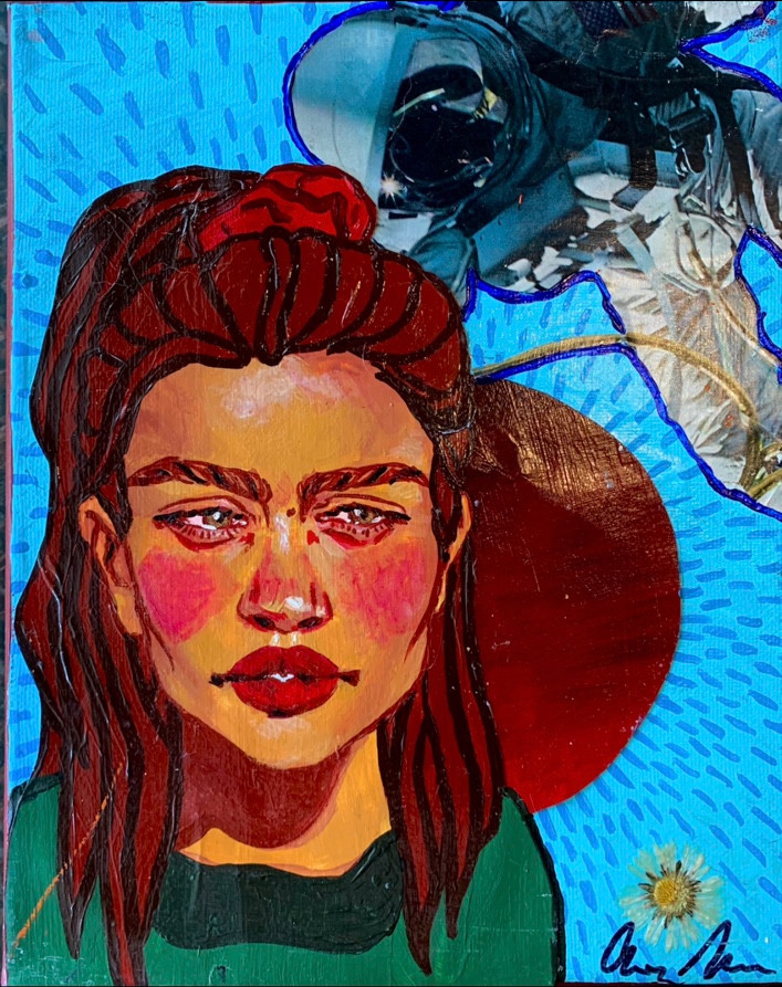 Red-haired person and an astronaut against blue