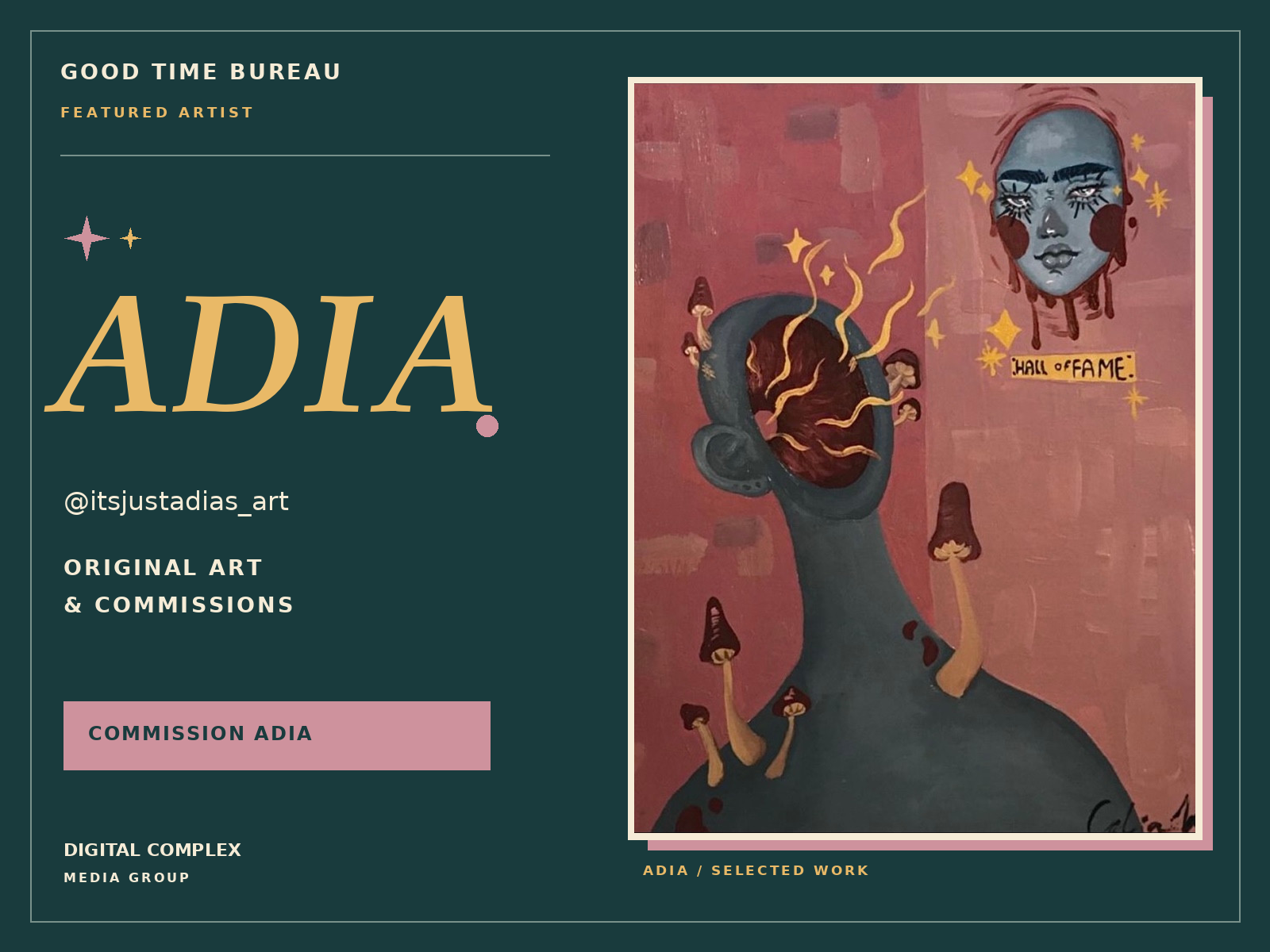 Adia featured artist card with original artwork