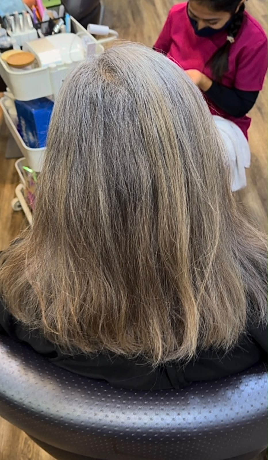 Before Grey Blending Dubai on auburn hair with grey regrowth
