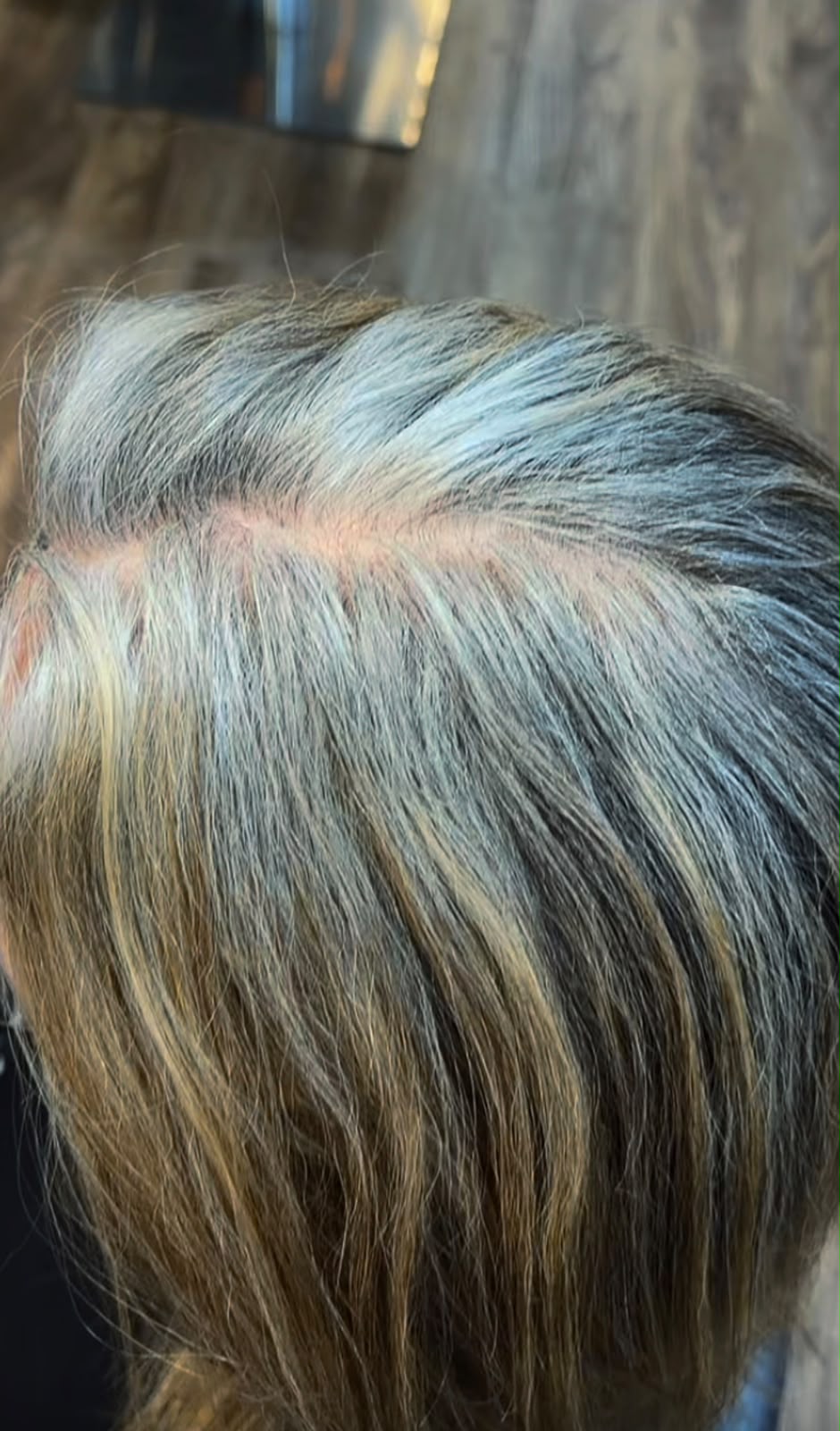 Before Grey Blending Dubai on black hair with grey root regrowth