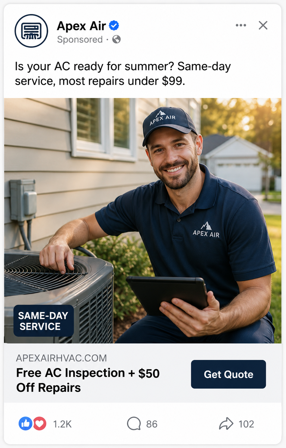 A Meta ad for an HVAC lead-gen client, Apex Air