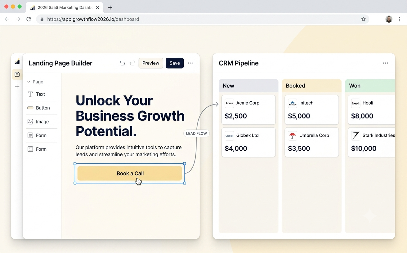 A landing page builder connected to a CRM pipeline showing new leads flowing into deals