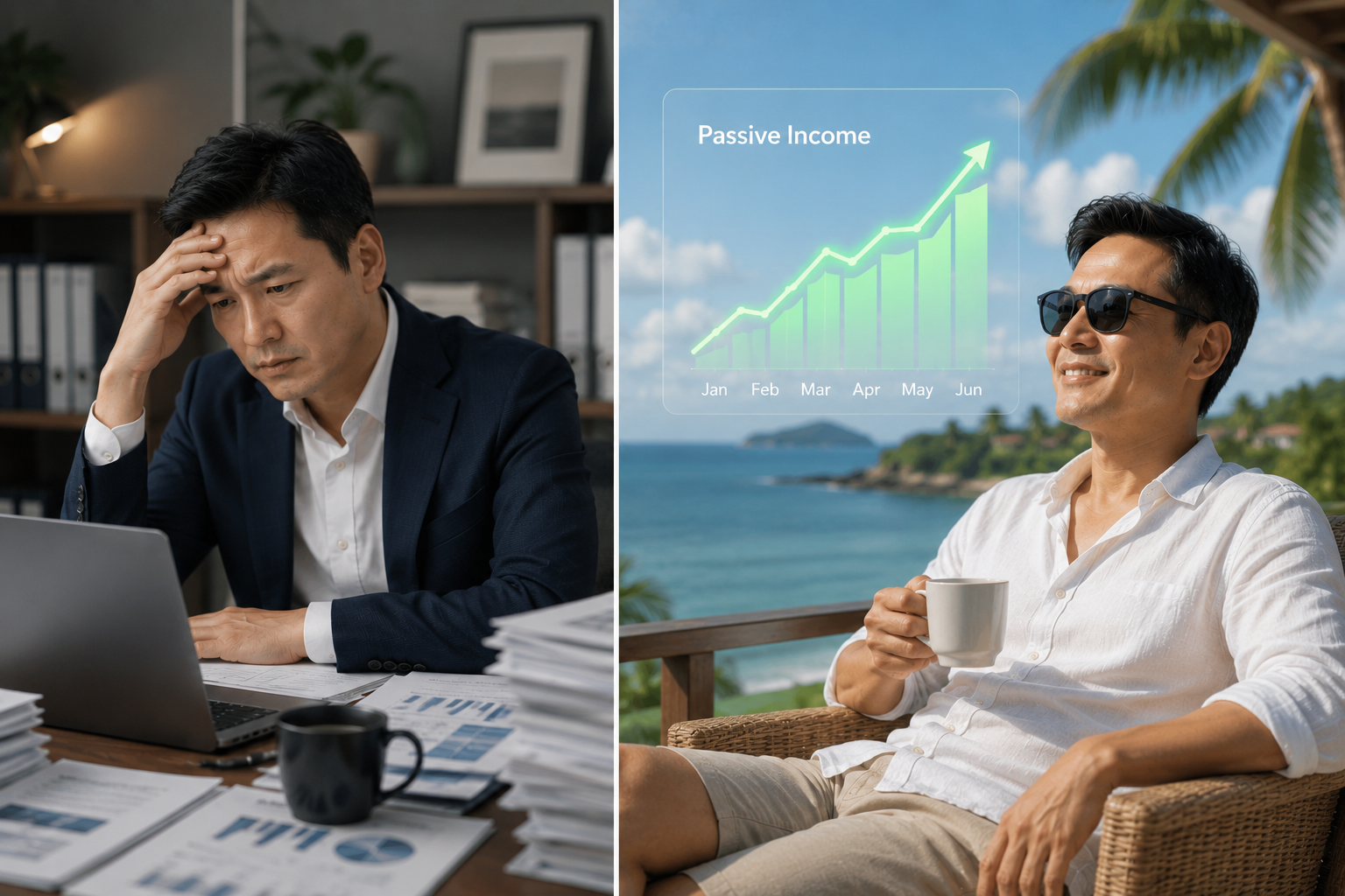 Before: stressed, managing everything yourself. After: relaxed, with passive income arriving.