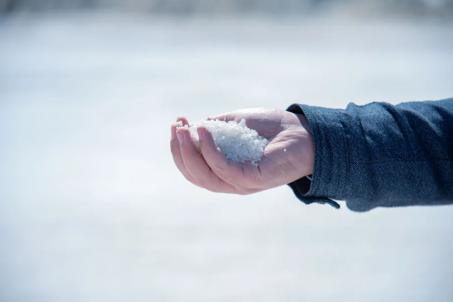 Hand holding a handful of coarse white salt crystals