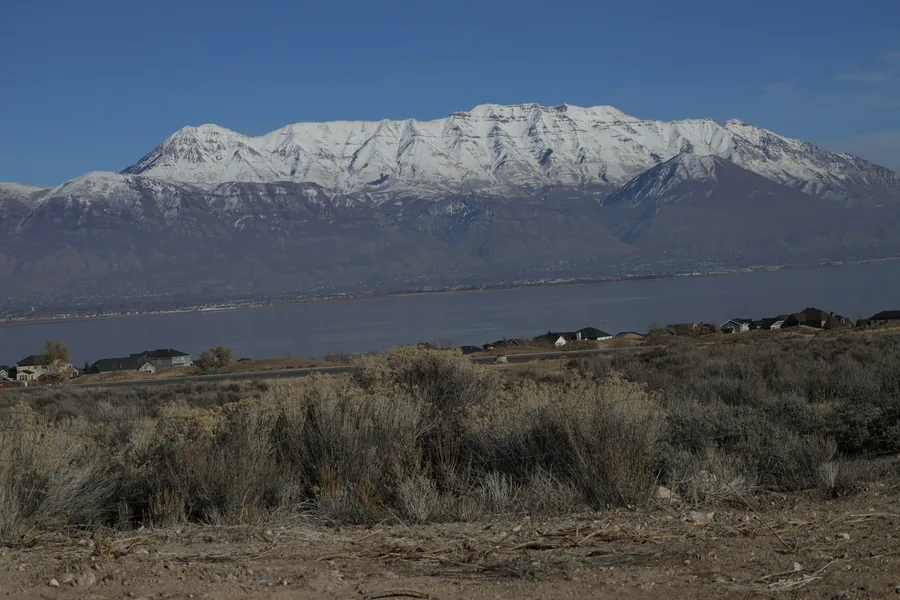 Snow-capped Mount Timpanogos across Utah Lake, seen from Saratoga Springs