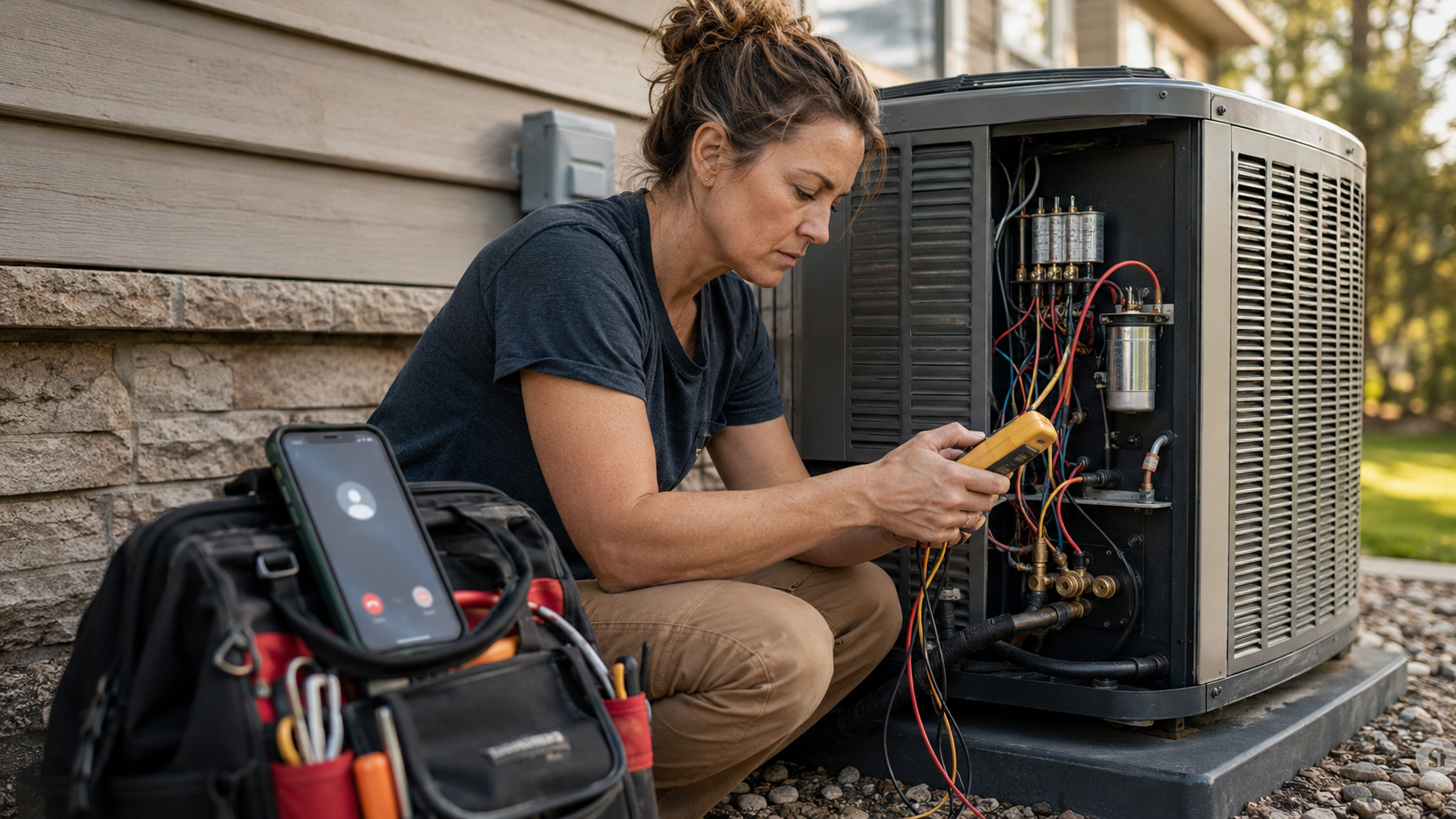 Female HVAC professional working on air conditioner while her phone is ringing