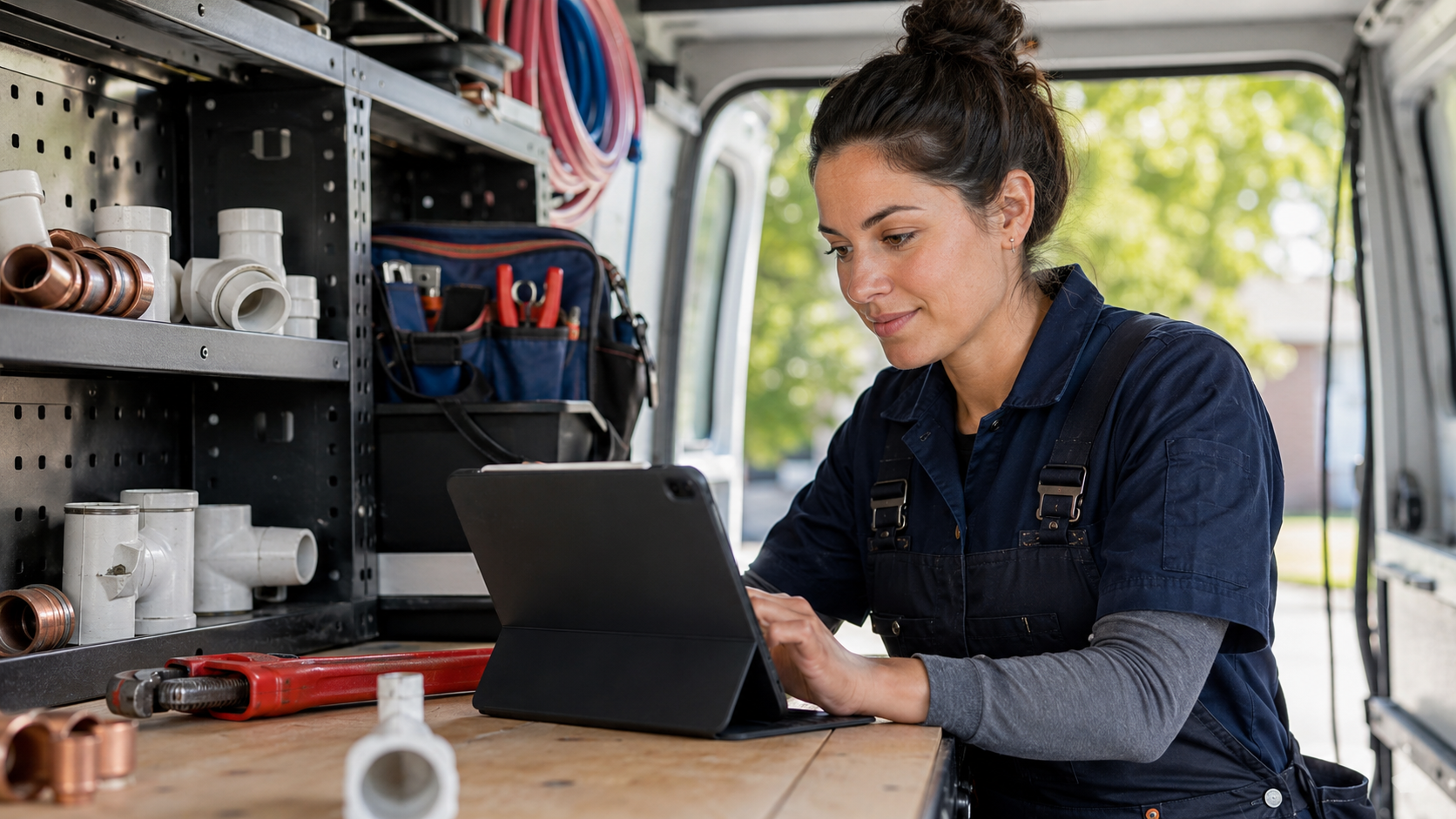 woman plumber working on laptop while in her service van