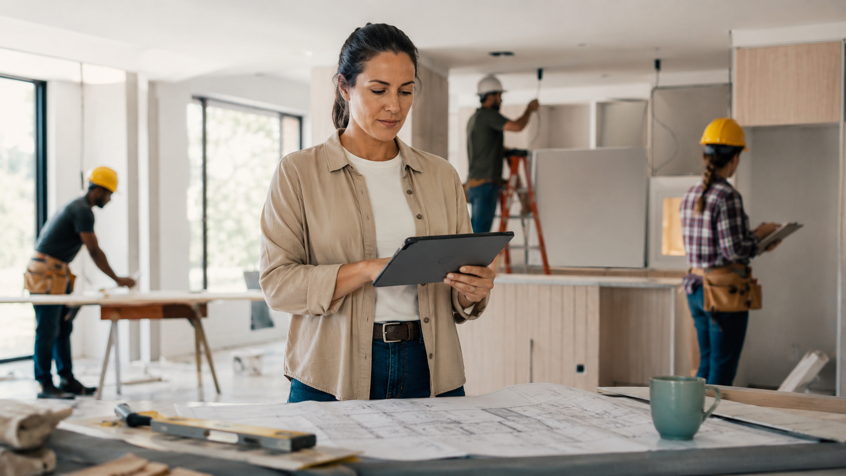 Woman-owned home service business on site and using computer tablet