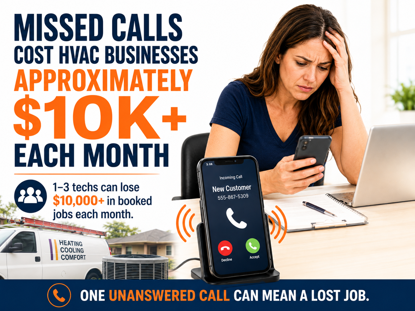 Women HVAC business owner realizing that revenue is being lost due to unanswered phone calls