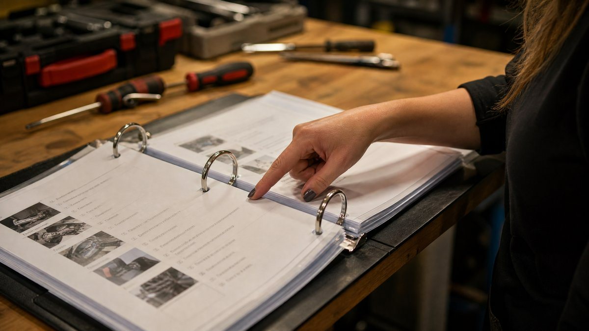 A well-organized SOP binder in a trade workshop — the foundation of a scalable home service business.
