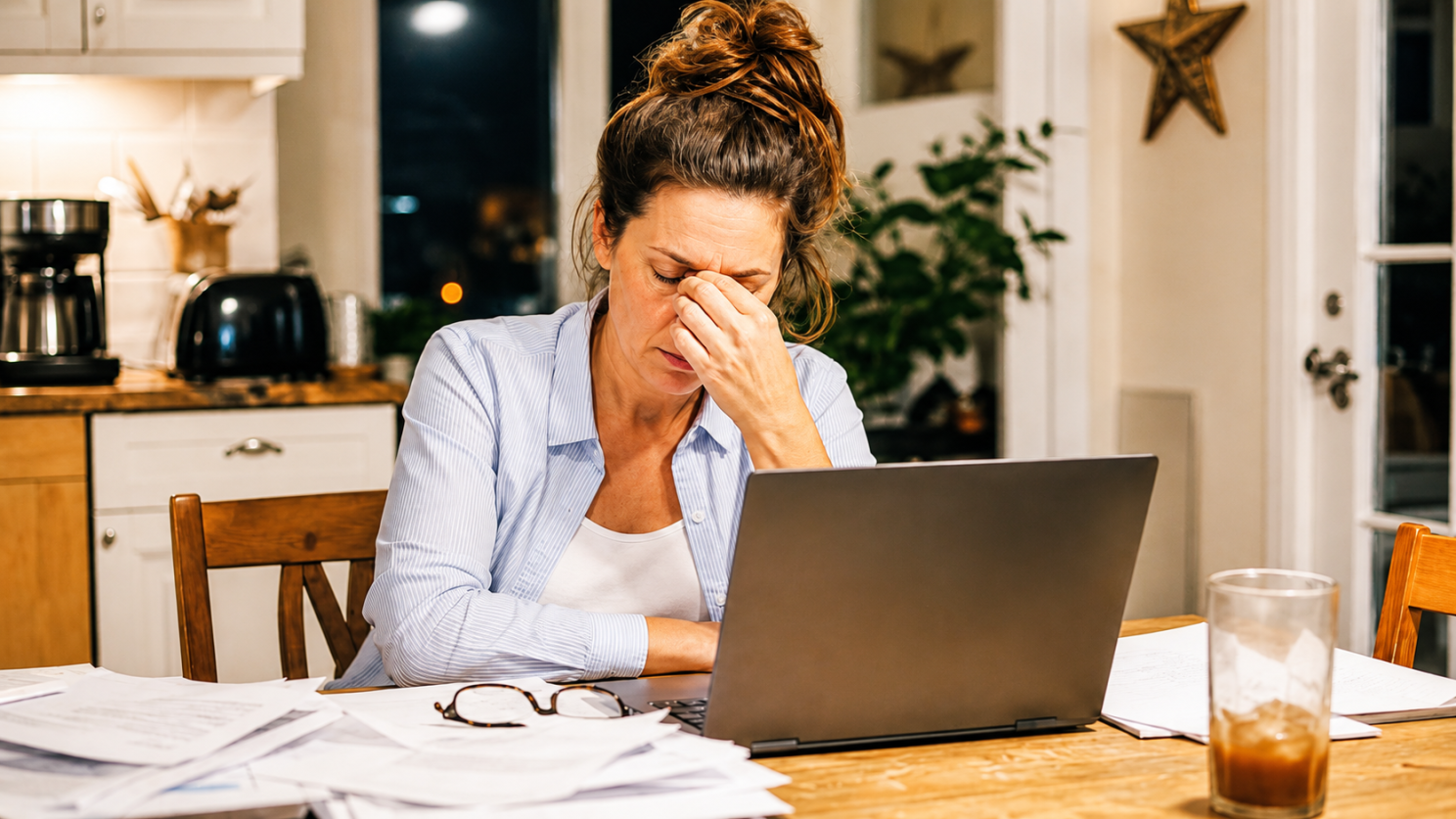 Woman in front of laptop holding her forehead looking stressed