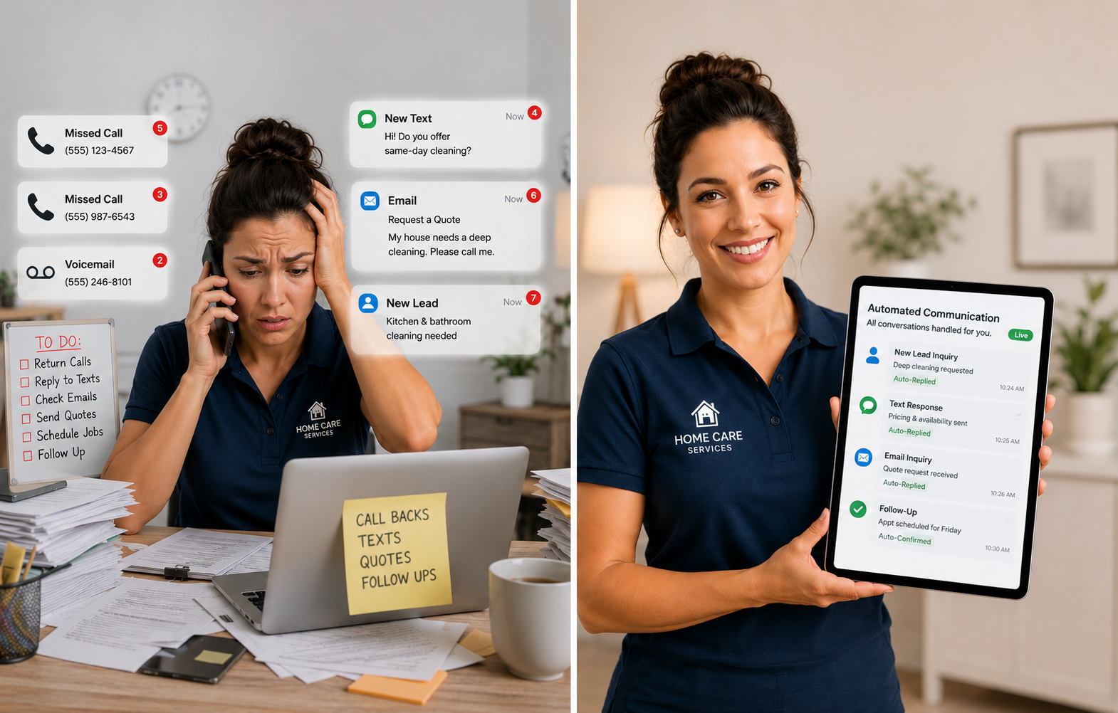 an image showing a frustrated woman in the trades and also a happy woman in the trades