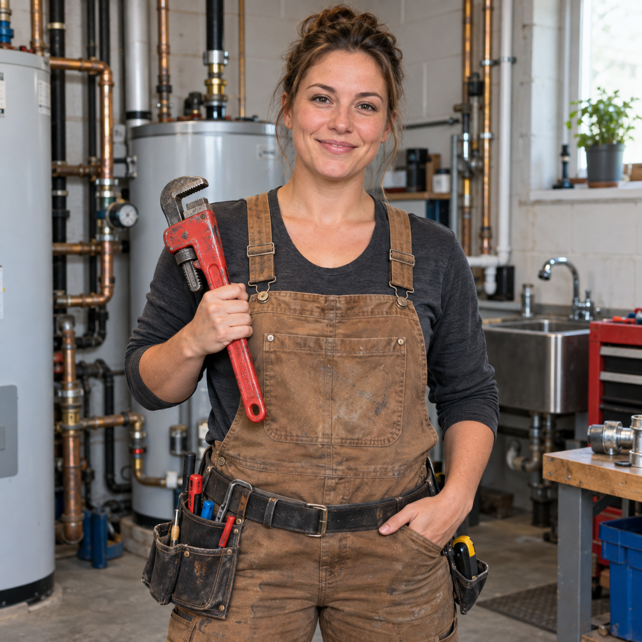 Woman plumber holding pipe wrench at job site