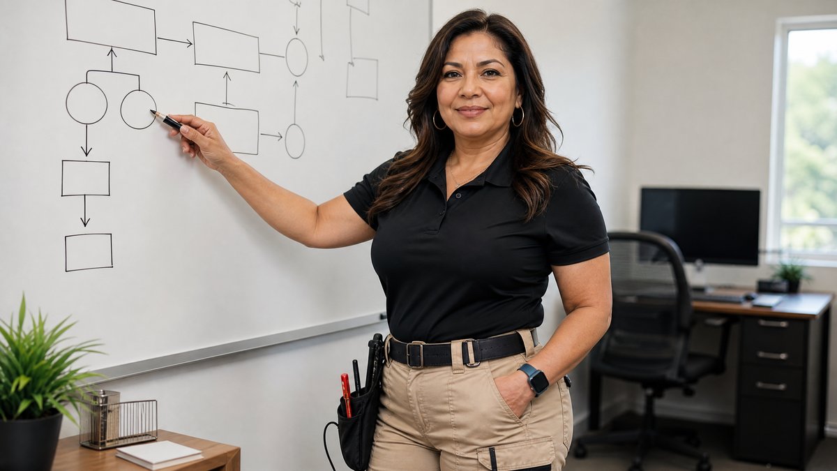 woman home service provider pointing to a workflow on a white board