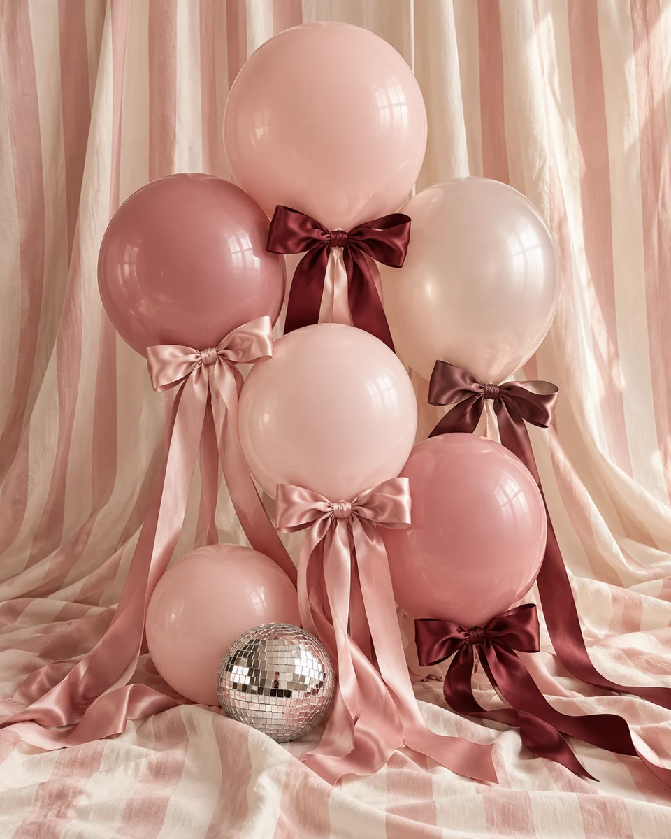 Editorial inspiration: a blush pink balloon arrangement with ribbons, bows and a silver disco ball.