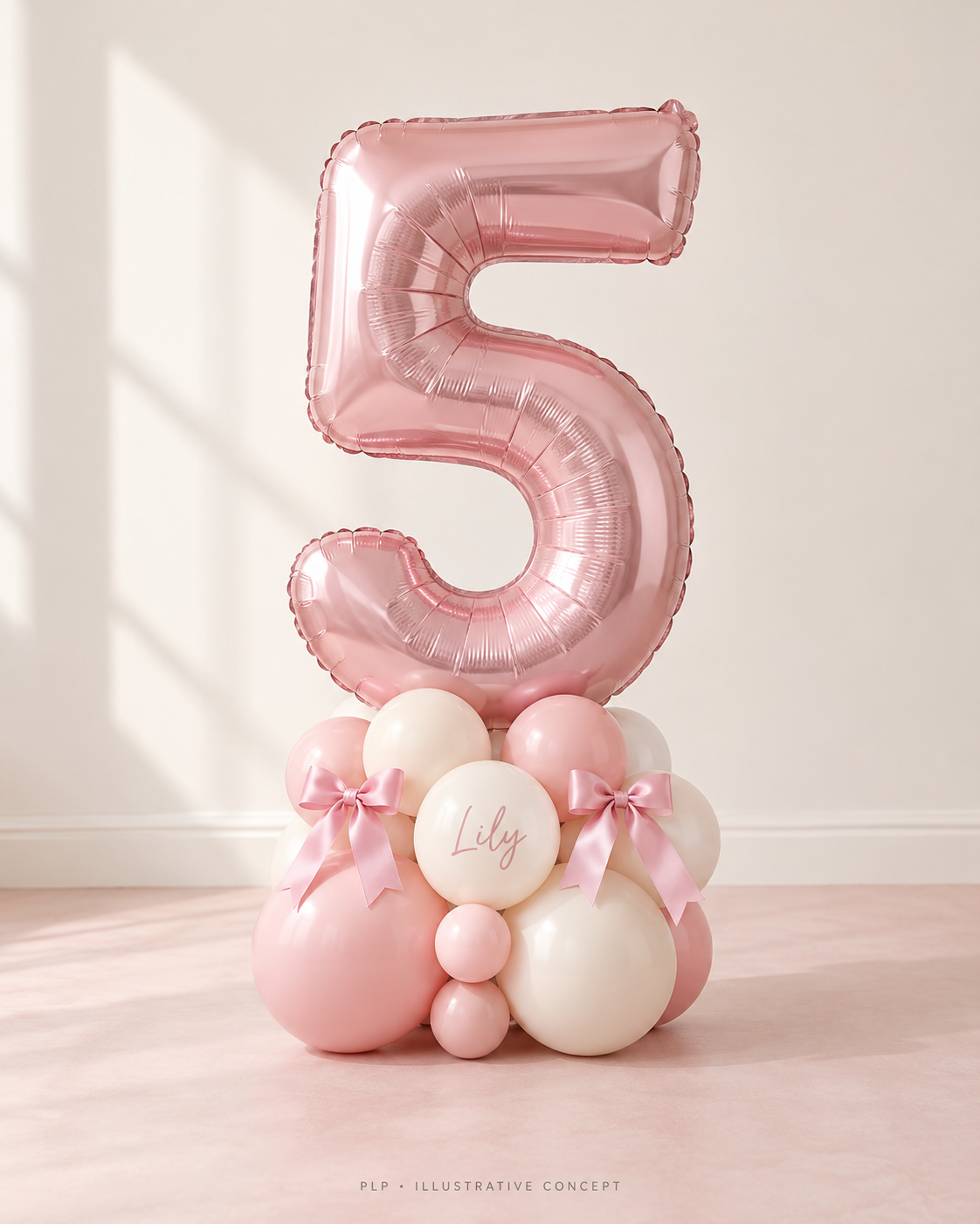 Illustrative birthday display with one pink foil number, a coordinating balloon base, satin bows and name personalisation.