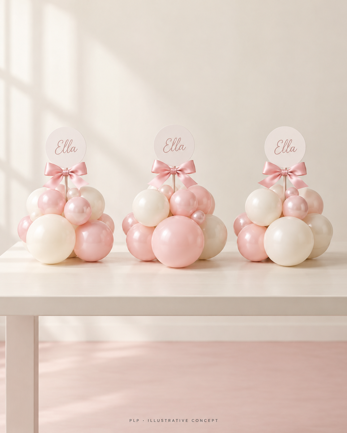 Illustrative set of three low pink balloon centrepieces, each with a personalised round tag and satin bow.
