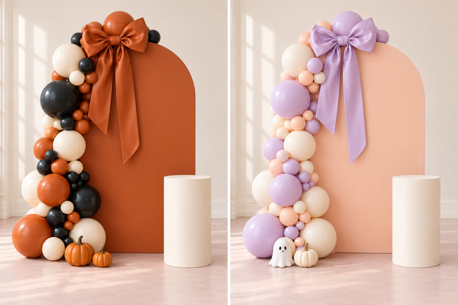 Design inspiration: Pumpkin & Midnight balloon display in burnt orange · black · ivory, with a rounded arch, statement satin bow and cream plinth.