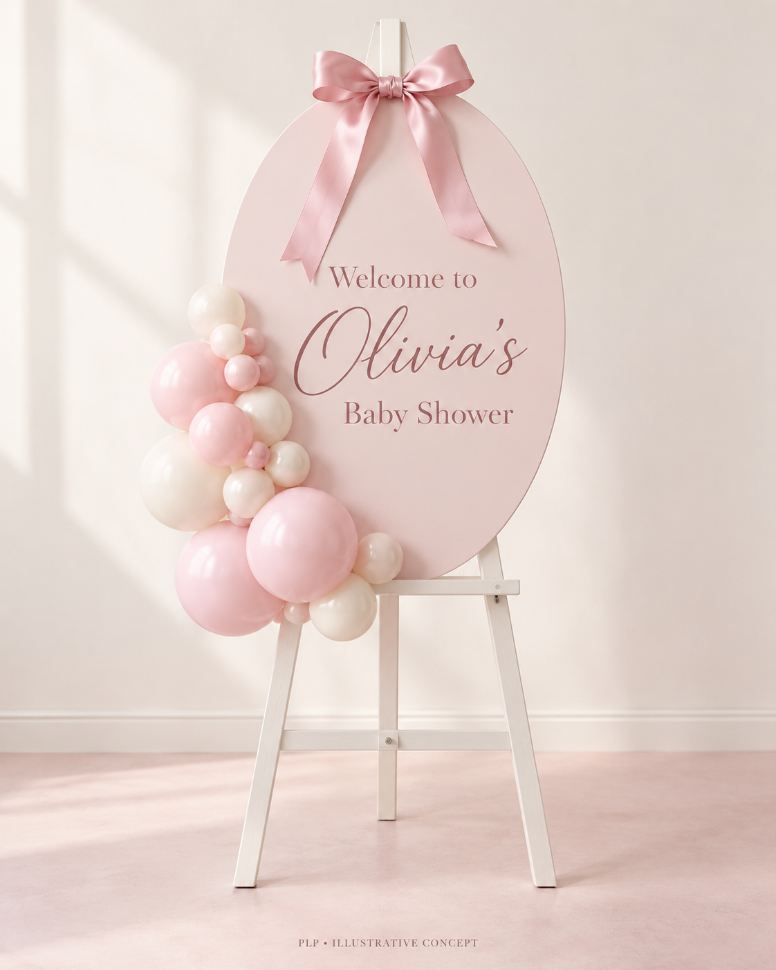 Illustrative oval personalised welcome sign on a white easel, decorated with a pink balloon cluster and ribbon bow.