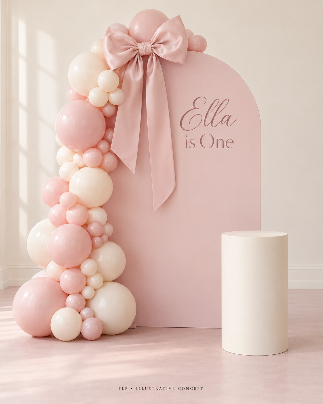 Illustrative pink arch backdrop with an asymmetric balloon garland, oversized satin bow, simple personalisation and empty cream cake plinth.