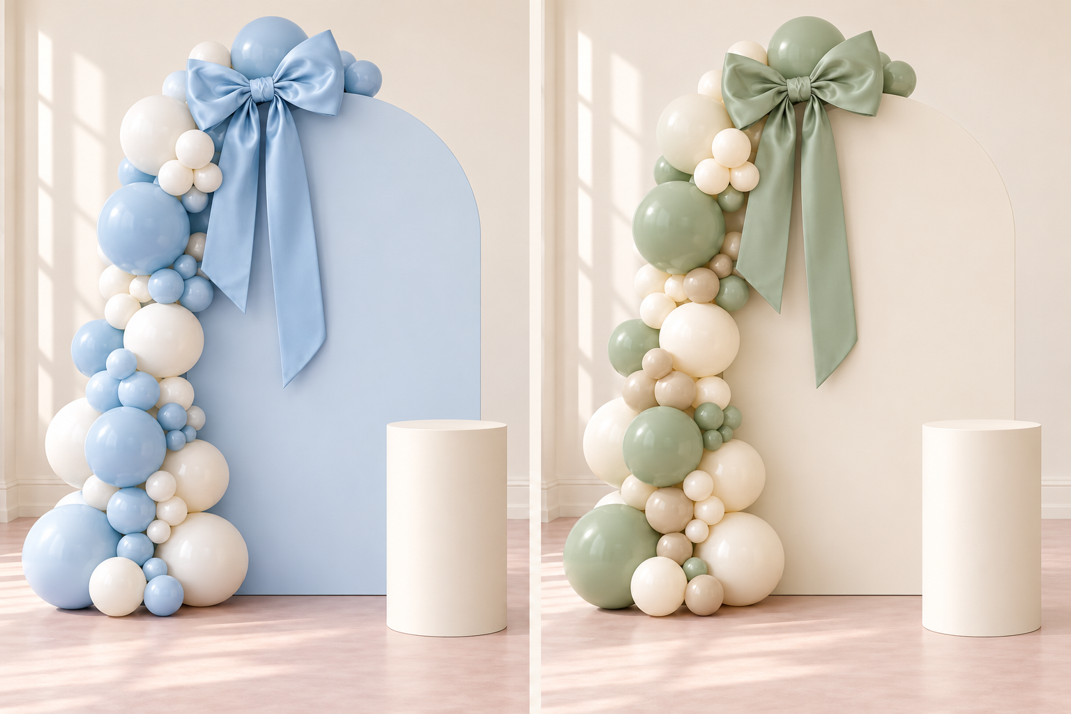 Design inspiration: Something Blue balloon display in powder blue · soft white · ivory, with a rounded arch, statement satin bow and cream plinth.