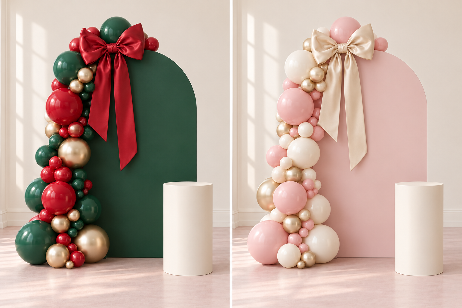 Design inspiration: Christmas Classic balloon display in evergreen · cherry red · champagne, with a rounded arch, statement satin bow and cream plinth.