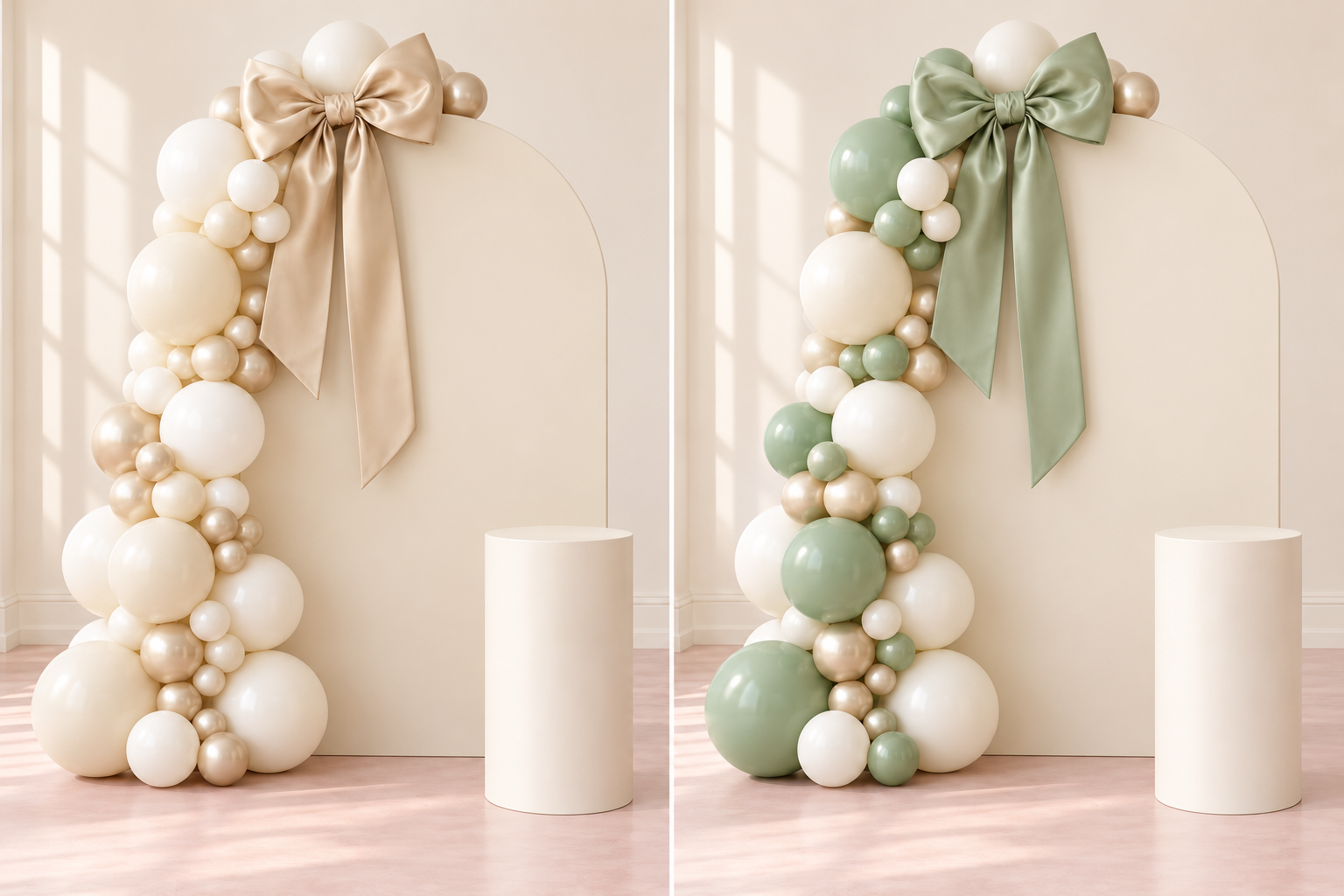 Design inspiration: Ivory & Champagne balloon display in ivory · white · champagne, with a rounded arch, statement satin bow and cream plinth.
